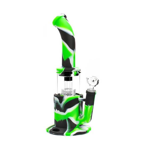  13.5" Silicone Glass Hybrid Water Pipe Rig Bong with Showerhead Dome Perc Black & Green 