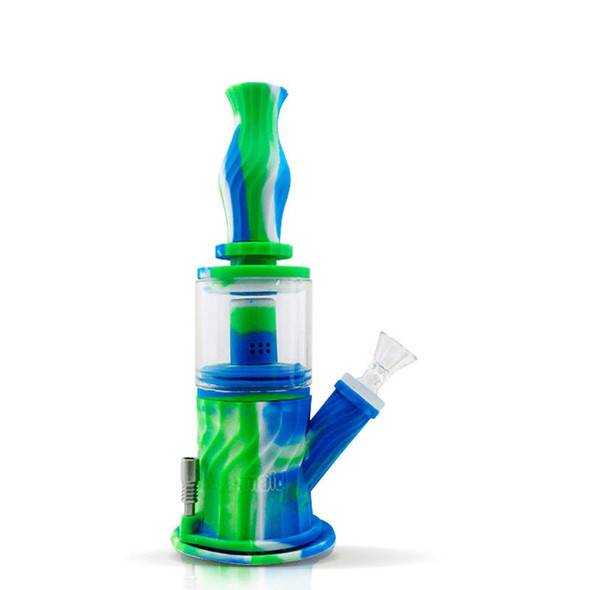  9.3" Silicone Glass 4 in 1 Double Percolator Water Pipe - Blue, Green, & White 