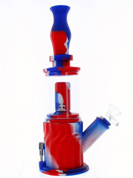 VapeBrat 11" 4 in 1 Silicone Glass Hybrid Water Pipe, Nectar Collector, & Mini Rig - Red, White & Blue 