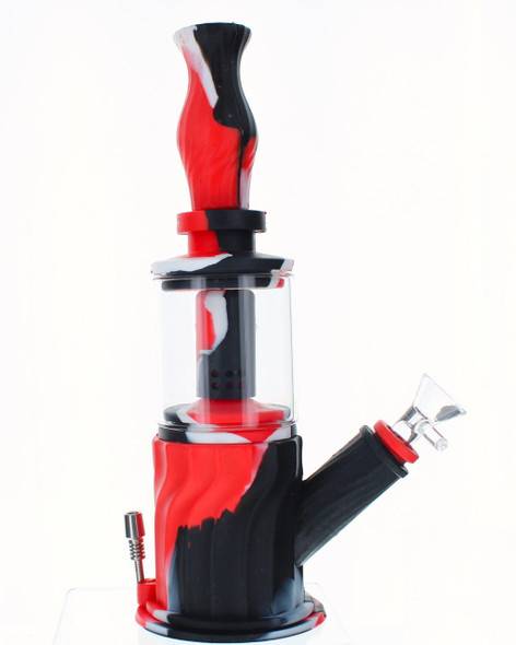 VapeBrat 11" 4 in 1 Silicone Glass Hybrid Water Pipe, Nectar Collector, & Mini Rig - Red, White & Black 