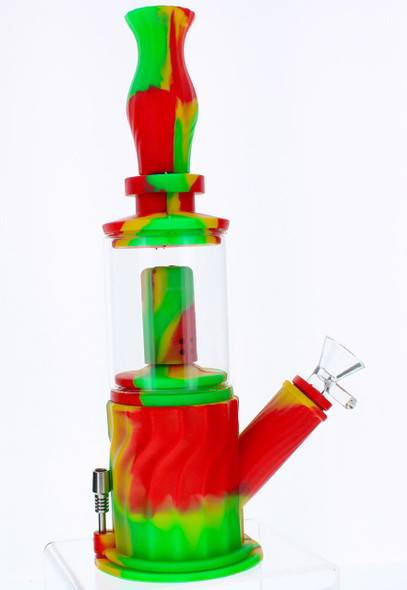 VapeBrat 11" 4 in 1 Silicone Glass Hybrid Water Pipe, Nectar Collector, & Mini Rig - Rasta 