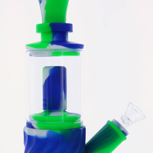 VapeBrat 11" 4 in 1 Silicone Glass Hybrid Water Pipe, Nectar Collector, & Mini Rig - Green, White & Blue 