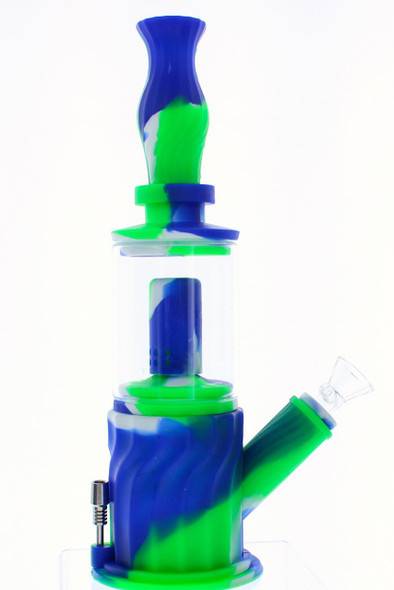 VapeBrat 11" 4 in 1 Silicone Glass Hybrid Water Pipe, Nectar Collector, & Mini Rig - Green, White & Blue 