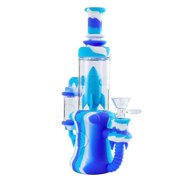 Silicone Recycler Dab Rig: Rocket Ship 9" Ritual - Blue and White