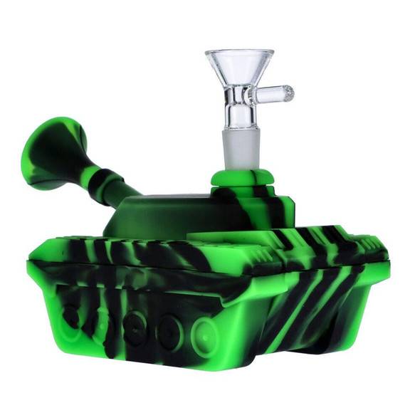  4" Silicone "Tank" Dab Rig / Bong Water Pipe - Black & Green 