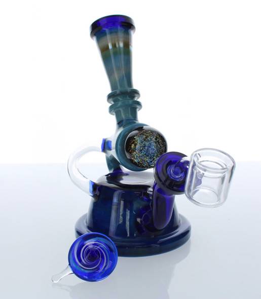  8" Blue Recycler Galaxy Marble Rig with 14mm Male Thermal Banger and Carb Cap 